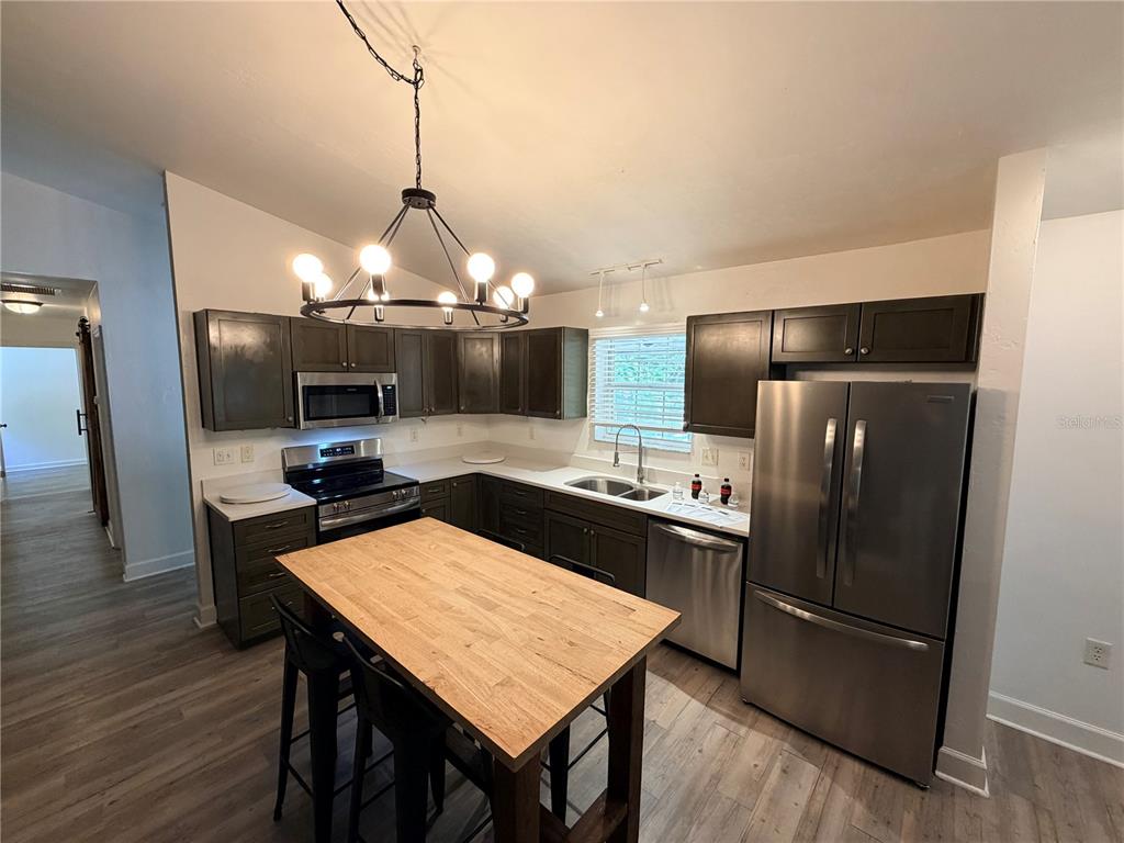 A kitchen features dark cabinets, stainless steel appliances, a wood-topped island, and a chandelier — 5309 NE 60TH AVENUE, HIGH SPRINGS, FL