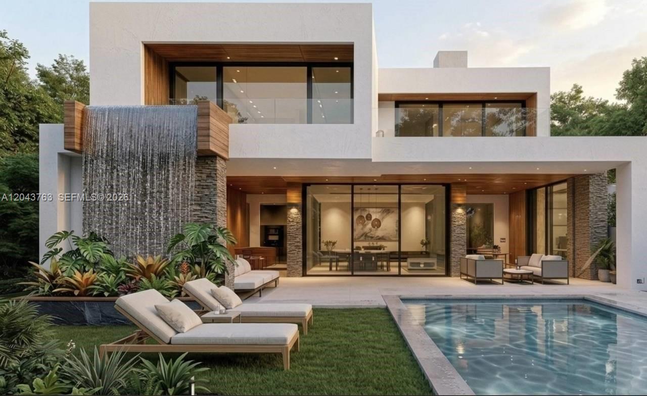 This architectural rendering shows a modern two-story home with a waterfall, pool, and patio — 0 villa aurora, FL, FL