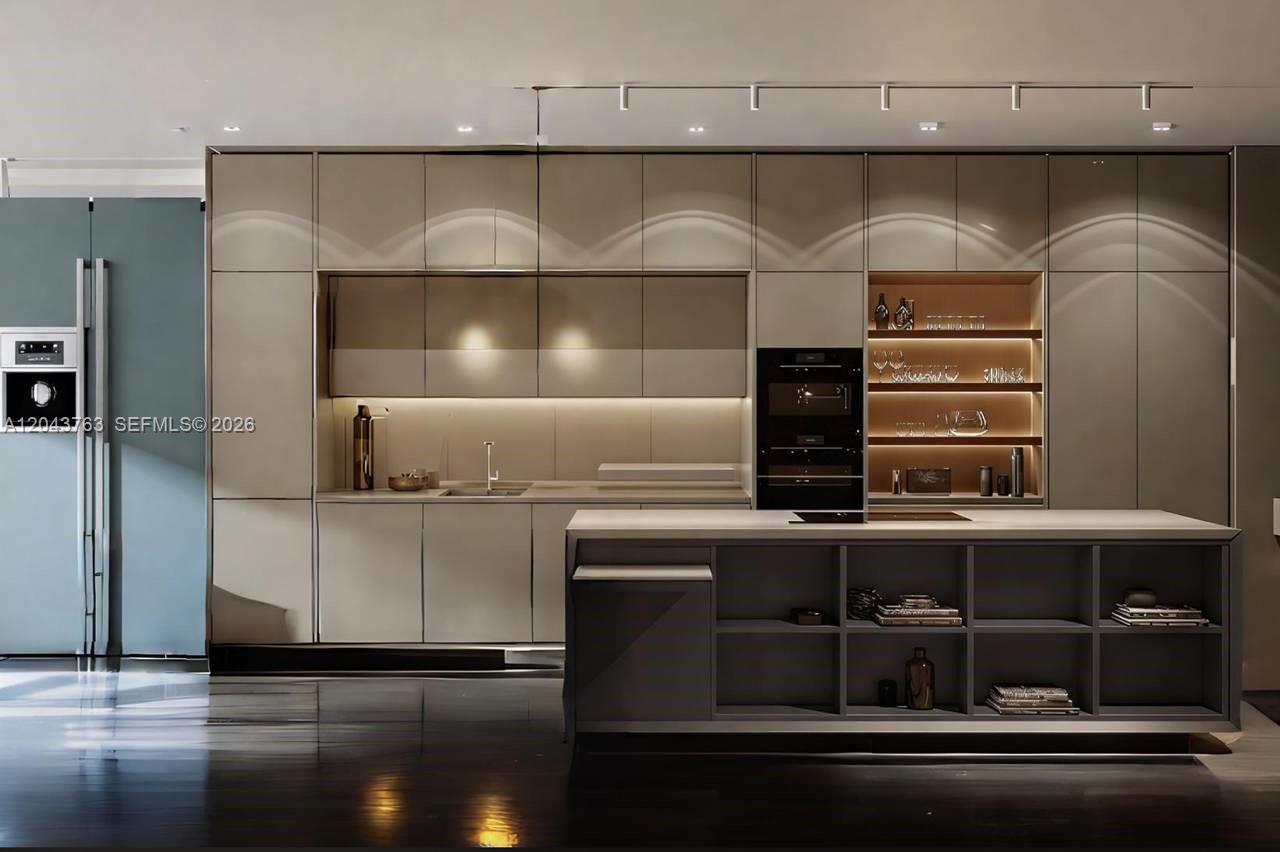 This is a rendering of a modern kitchen featuring neutral cabinetry, a large island, and lighting — 0 villa aurora, FL, FL