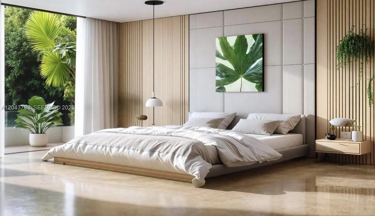 This is a rendering of a modern bedroom featuring a platform bed and wood-paneled walls — 0 villa aurora, FL, FL