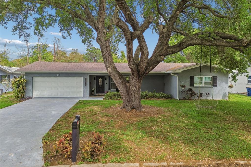 A single-story gray house with a large tree in the front yard and a swing — 1618 BARRY ROAD, CLEARWATER, FL