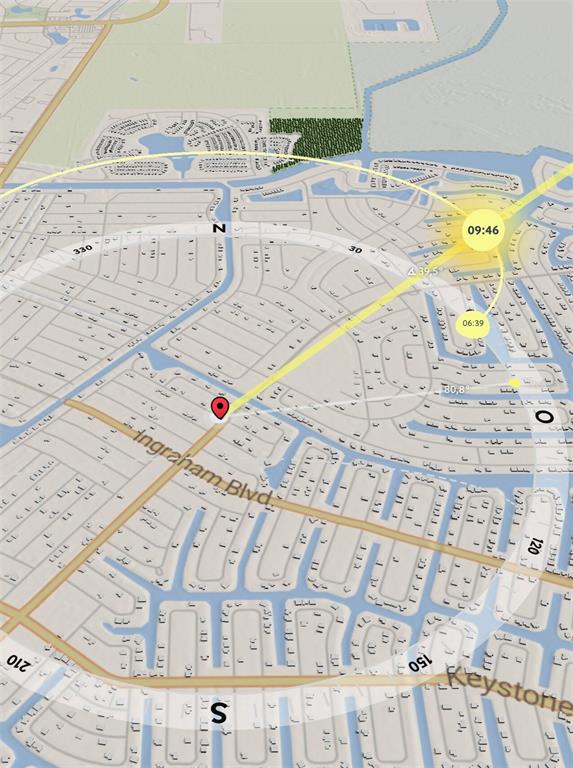 This map shows a residential neighborhood with a sun path overlay and a location pin — 14307 EDSEL DRIVE, PORT CHARLOTTE, FL