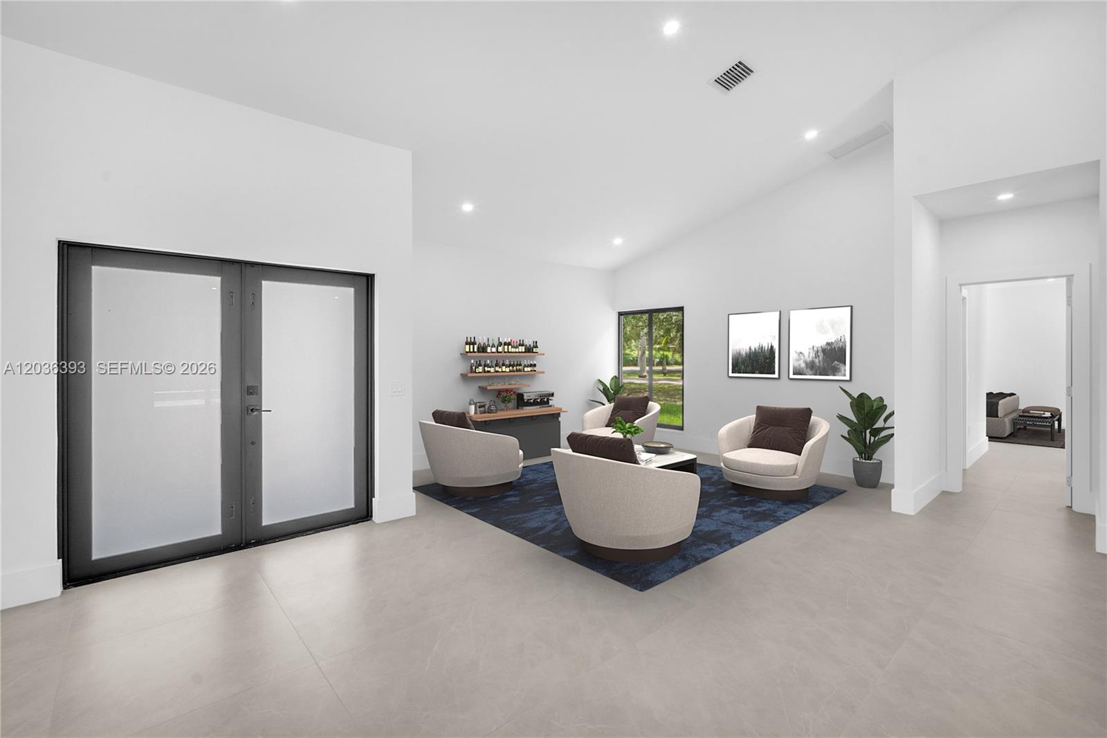 This is a digital rendering of a modern living room with white walls and tile floors — 16100 SW 252nd St, Homestead FL 33031, HOMESTEAD, FL