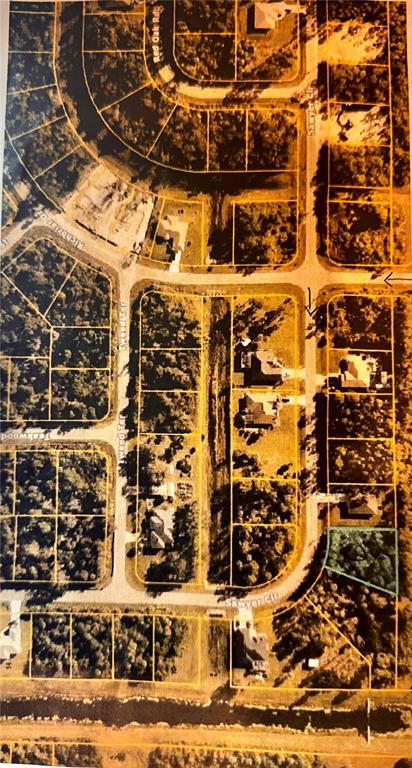 This is an aerial map showing residential lots and streets in a suburban neighborhood — SAWYER CIRCLE, NORTH PORT, FL