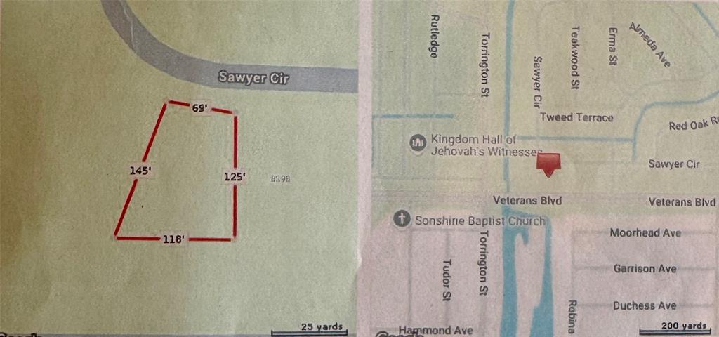 This image shows a map of a property lot with dimensions and its surrounding area — SAWYER CIRCLE, NORTH PORT, FL