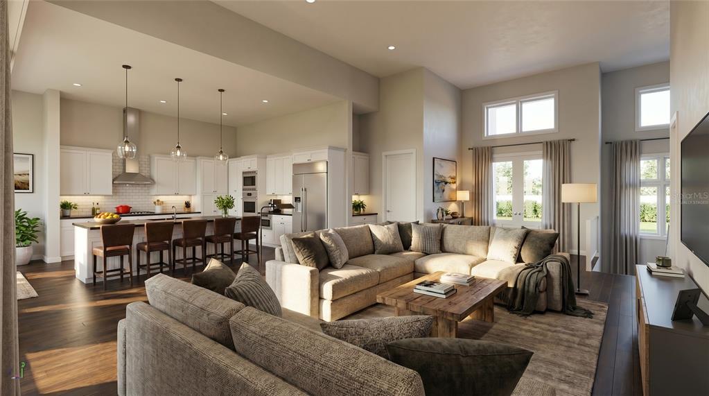 This rendering shows an open-concept kitchen and living room with neutral decor and hardwood floors — 161 TRANQUIL MIRROR LAKE COURT Lot 9, CLERMONT, FL