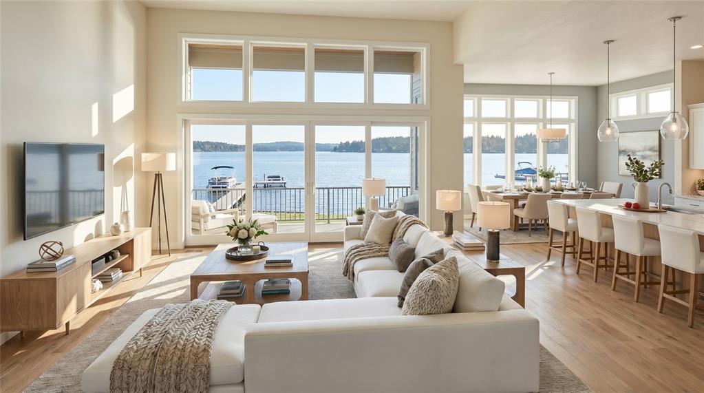 A bright, open-concept living and dining area features large windows overlooking a lake and dock — 161 TRANQUIL MIRROR LAKE COURT Lot 9, CLERMONT, FL