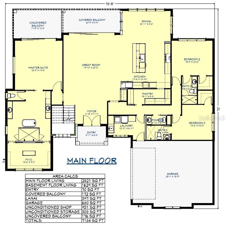 This floor plan shows the main level of a house with three bedrooms and garage — 161 TRANQUIL MIRROR LAKE COURT Lot 9, CLERMONT, FL