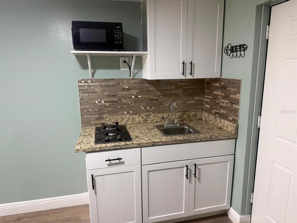 A small kitchenette features white cabinets, granite countertops, a sink, a stovetop, and a microwave — 3001 N 45TH STREET, TAMPA, FL