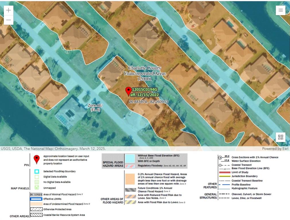 This is a FEMA flood hazard map showing a property location in Charlotte County — 57 PINE VALLEY LANE, ROTONDA WEST, FL
