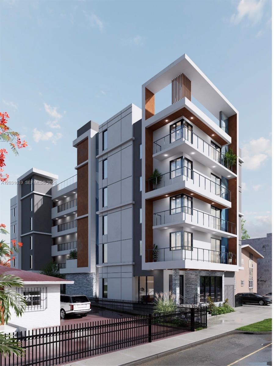 A digital architectural rendering of a modern multi-story apartment building with balconies and stone accents — 559 NW 34th St, Miami FL 33127, MIAMI, FL