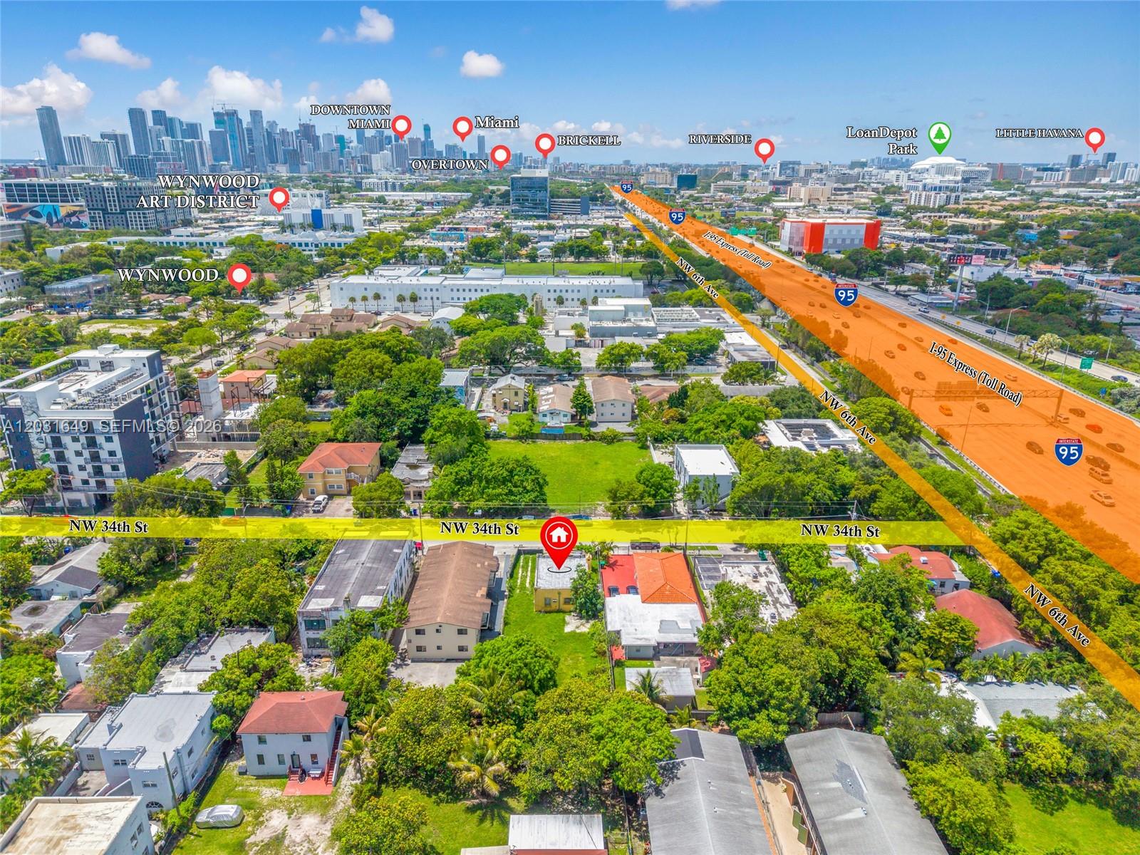 This aerial map shows a residential property highlighted on a street corner near I-95 — 559 NW 34th St, Miami FL 33127, MIAMI, FL