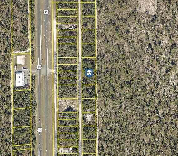 This is an aerial map view showing a residential lot outlined in yellow near a highway — LOT 8 NECKLACE WARBLER AVENUE, WEEKI WACHEE, FL