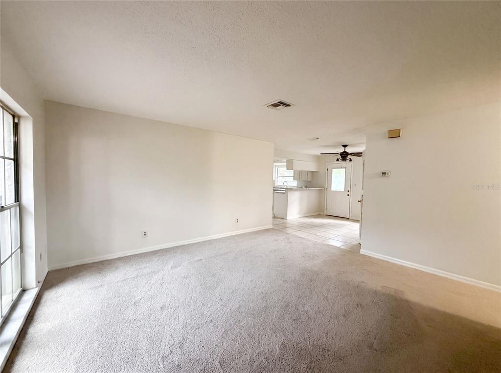 A carpeted living room leads to a kitchen with white cabinets and tile flooring — 4209 E ALENE DRIVE, TAMPA, FL