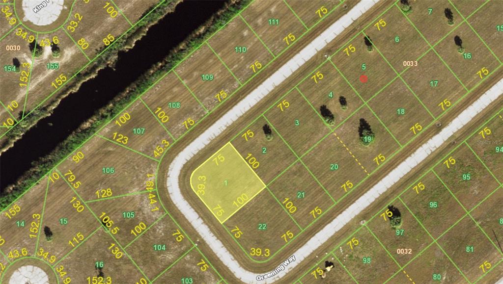 This is a satellite map showing a residential subdivision with highlighted vacant lots — 12386 GREENLING WAY, PLACIDA, FL