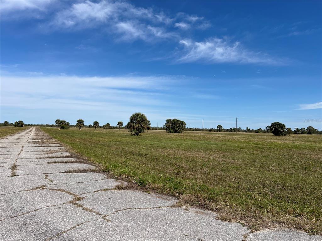 A cracked asphalt road leads into a large, flat, grassy field with scattered palm trees — 12386 GREENLING WAY, PLACIDA, FL