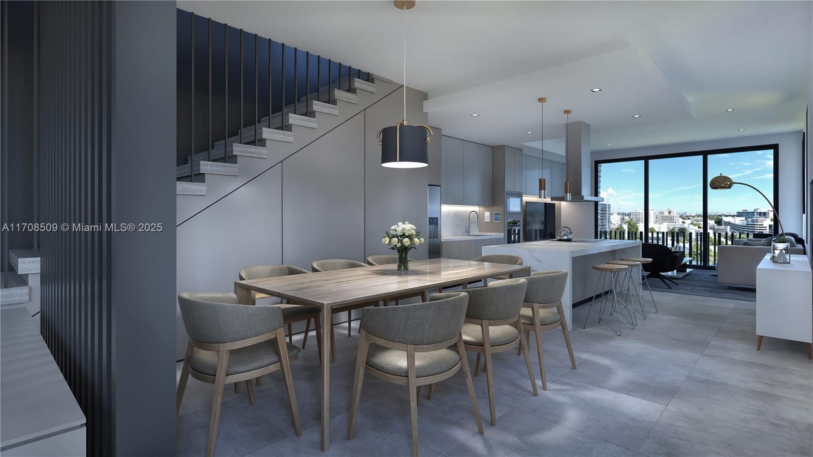 This rendering shows a modern dining area and kitchen with a staircase and city view — 1331 14th Ter, Miami Beach FL 33139, MIAMI BEACH, FL