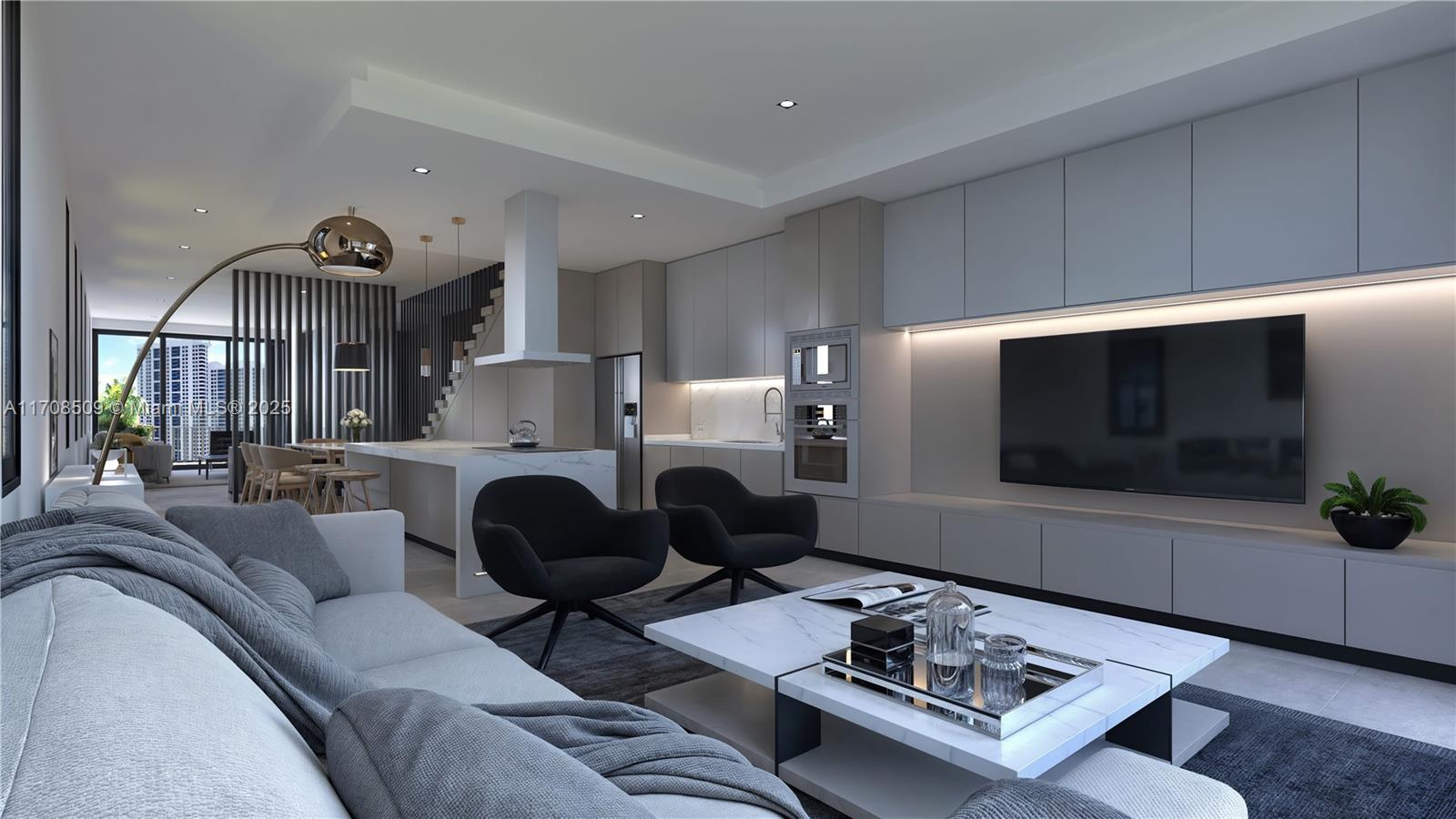 This rendering shows a modern open-concept living room and kitchen with sleek gray cabinetry — 1331 14th Ter, Miami Beach FL 33139, MIAMI BEACH, FL