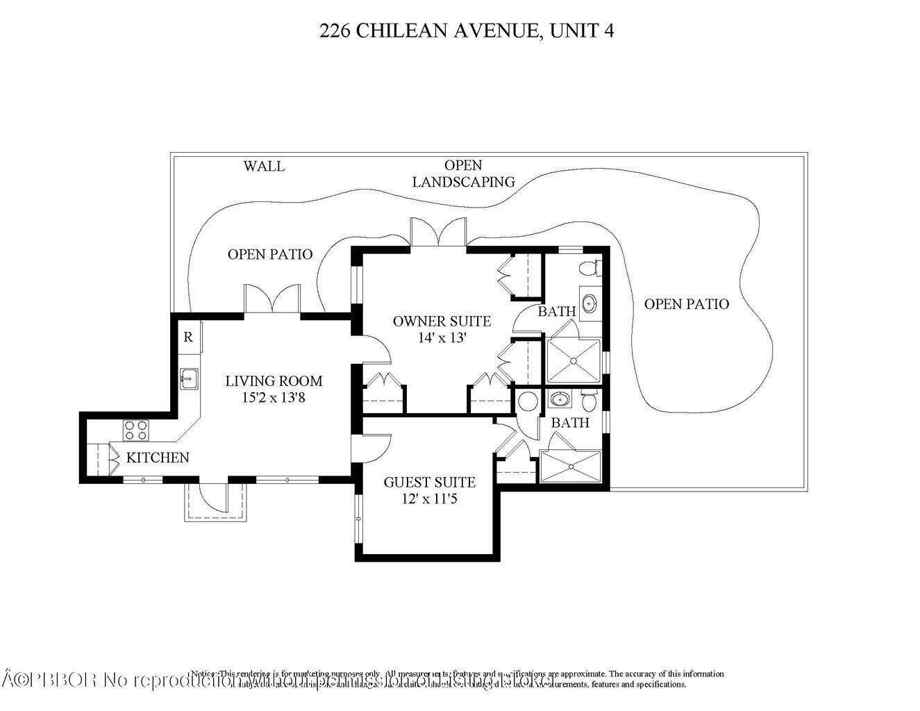 This floor plan shows a two-bedroom unit with a kitchen, living room, and two patios — 226 Chilean Avenue # 4, Palm Beach FL 33480, PALM BEACH, FL