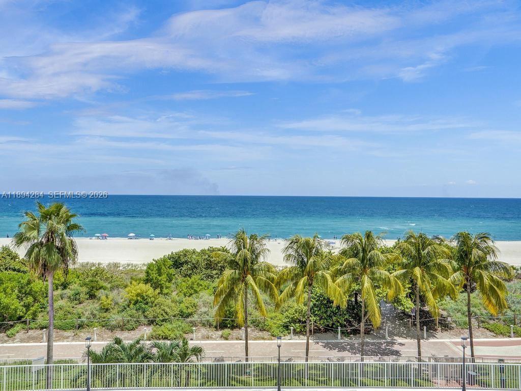 A view of a sandy beach and ocean from a balcony with palm trees — 5601 Collins Ave # 504, Miami Beach FL 33140, MIAMI BEACH, FL