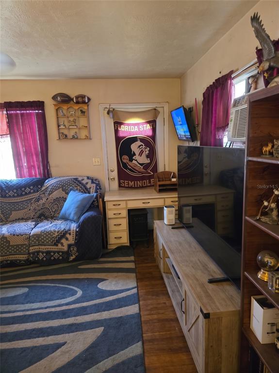A living room features a patterned sofa, a wooden desk, a television, and a rug — 3539 COLLEEN DRIVE, LAKELAND, FL