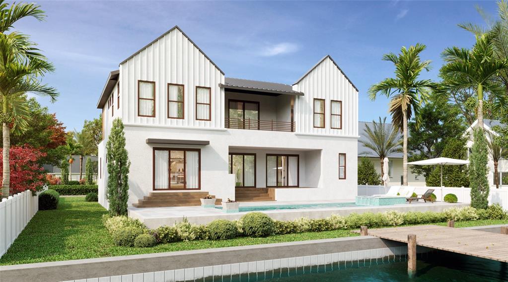 A rendering of a two-story white house with a pool and a wooden dock — 4692 DOVER STREET NE, ST PETERSBURG, FL