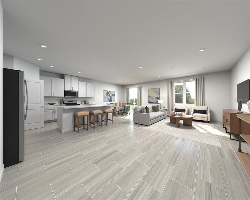 This is a digital rendering of an open-concept living area with a kitchen and dining space — 100 OUTBACK HIDEAWAY AVENUE, NOKOMIS, FL