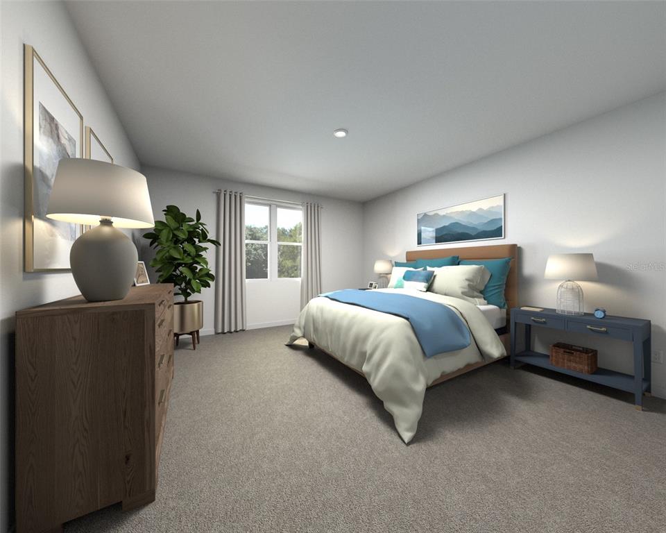 This is a digital rendering of a bedroom featuring a bed, dresser, and blue accents — 100 OUTBACK HIDEAWAY AVENUE, NOKOMIS, FL