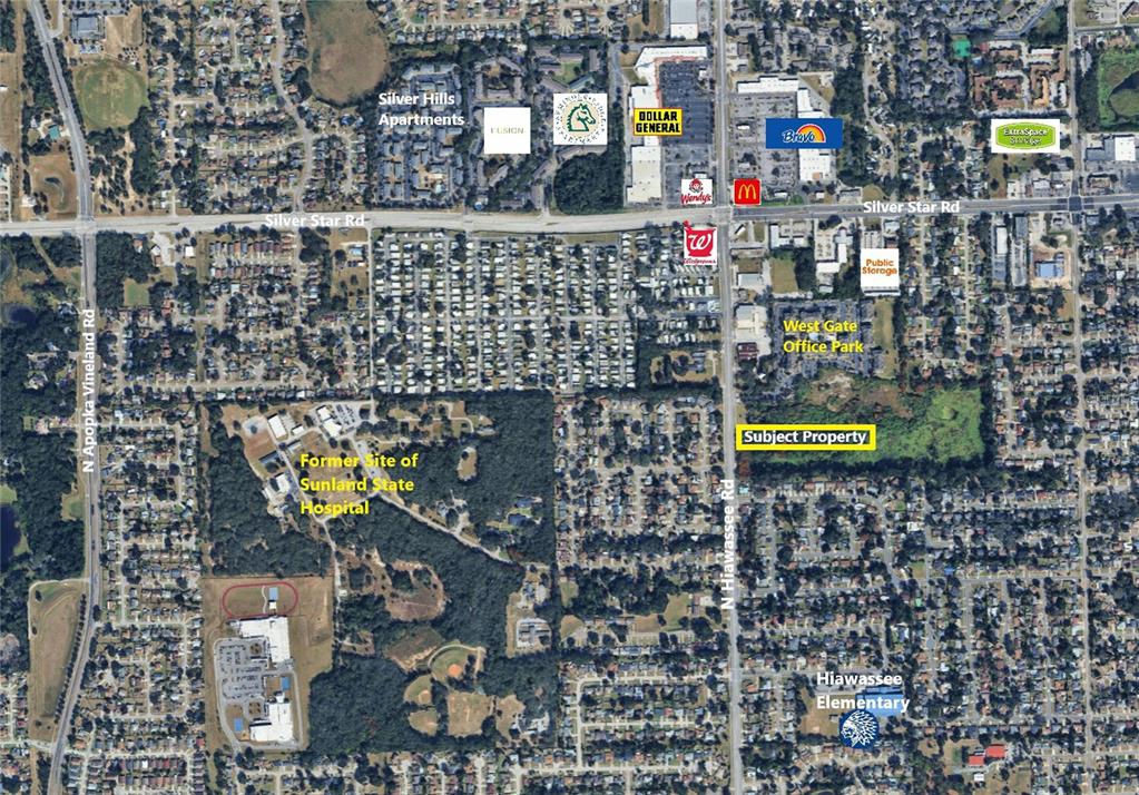 This is an aerial map showing a subject property and surrounding landmarks in a neighborhood — N HIAWASSEE ROAD, ORLANDO, FL