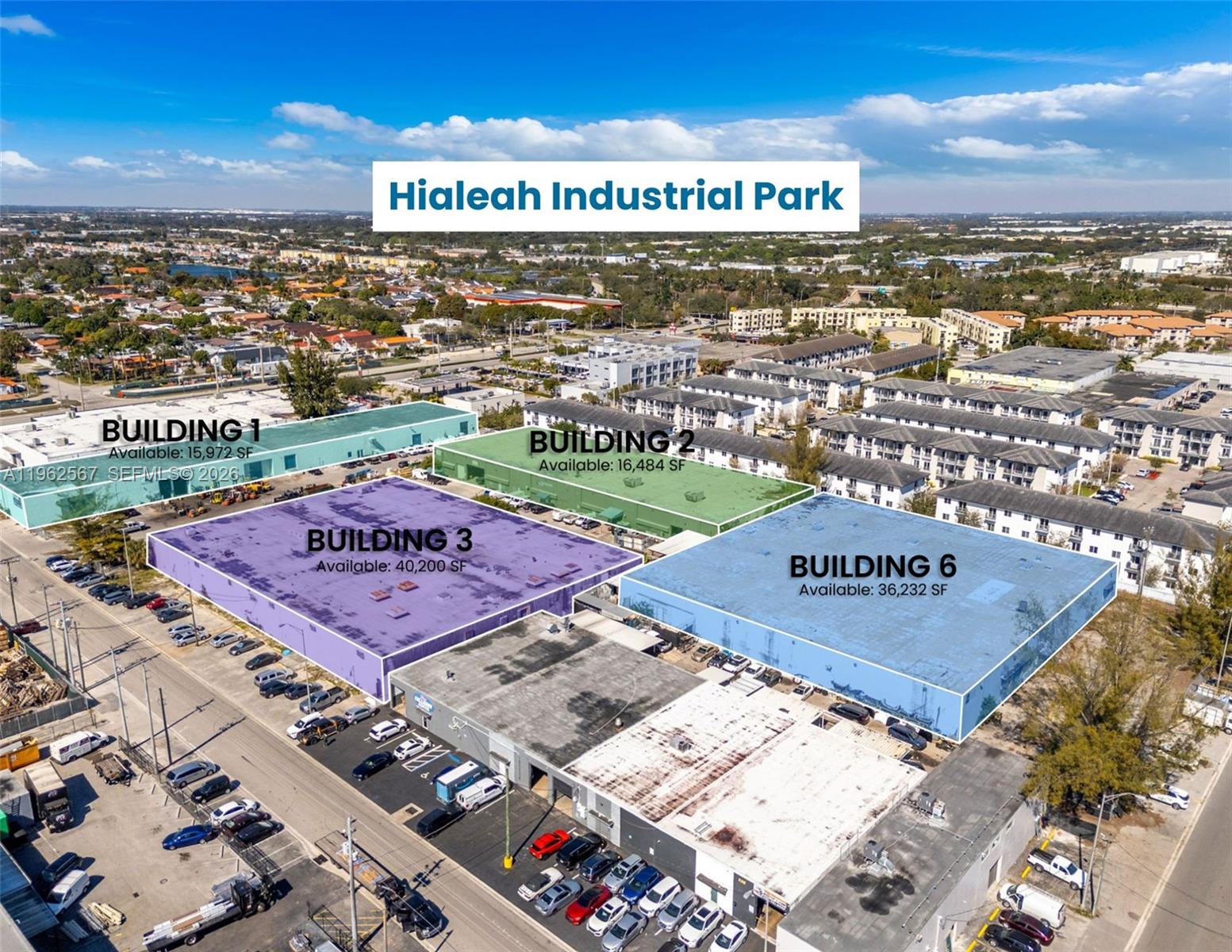 An aerial view shows four highlighted industrial buildings within a Hialeah business park — 7620 W 2nd Ct, Hialeah FL 33014, HIALEAH, FL