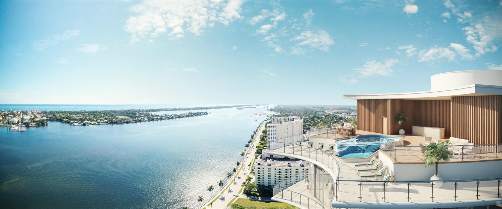 This architectural rendering shows a high-rise balcony with a private pool overlooking a coastal waterway — 1333 S Flagler Drive, West Palm Beach FL 33401, WEST PALM BEACH, FL