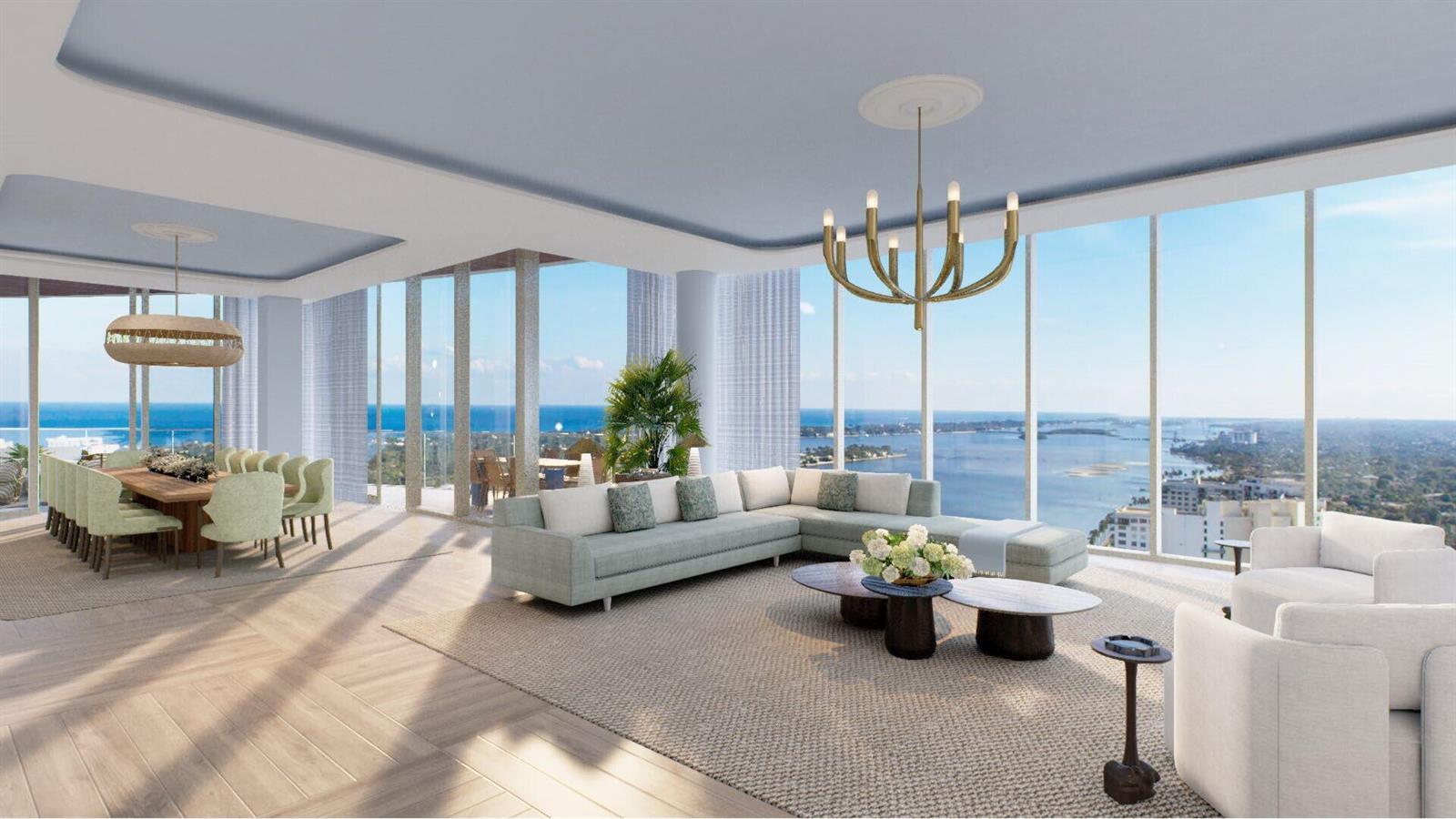 This rendering shows a modern open-concept living and dining area with floor-to-ceiling ocean views — 1333 S Flagler Drive, West Palm Beach FL 33401, WEST PALM BEACH, FL