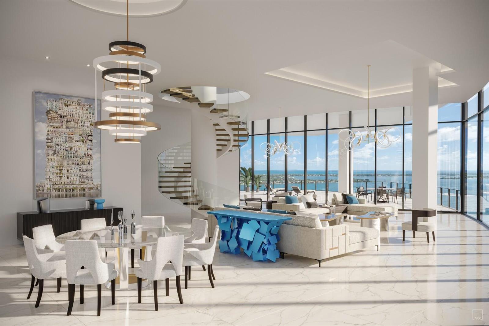 This rendering shows a modern, open-concept living and dining area with a spiral staircase — 1333 S Flagler Drive, West Palm Beach FL 33401, WEST PALM BEACH, FL