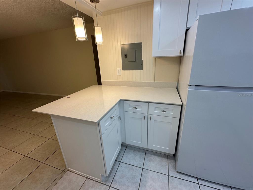A kitchen features white cabinets, a light-colored countertop, and a wall-mounted electrical panel — 122 N KINGS AVENUE UNIT 101, BRANDON, FL