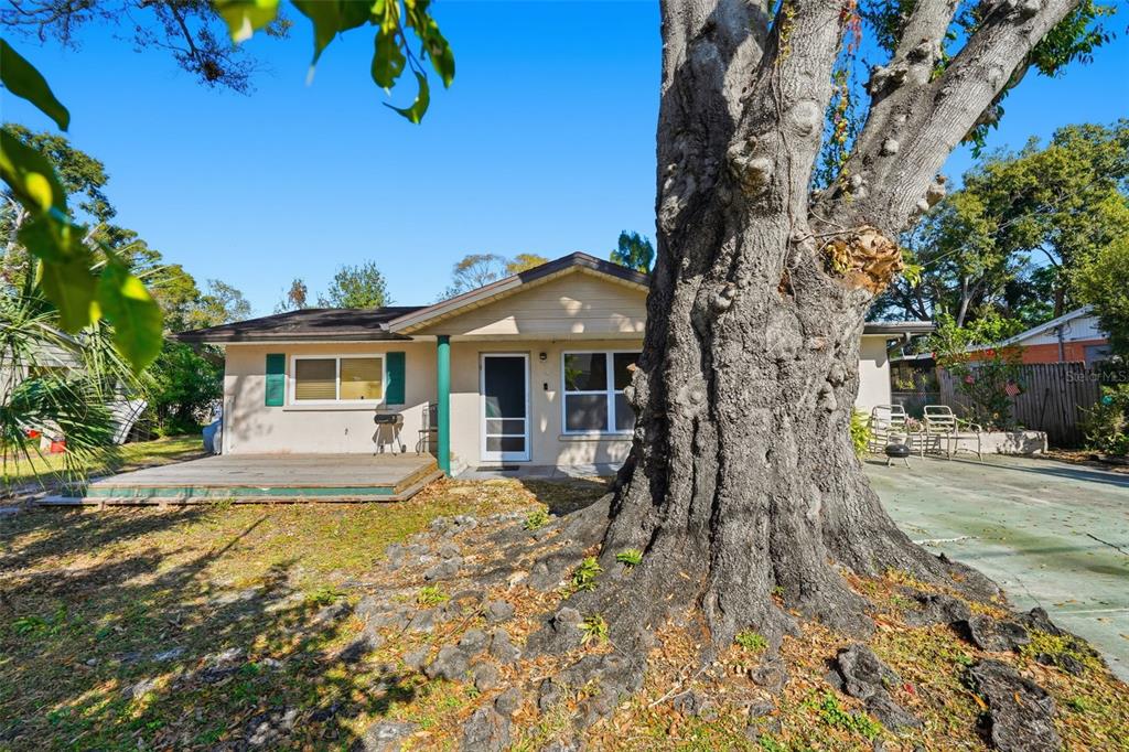 A single-story house with a large tree in the front yard and a wooden deck — 1619 SUPONIC AVENUE, SARASOTA, FL
