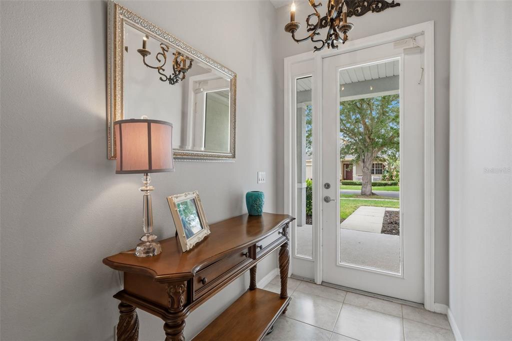 A foyer features a wooden console table, a lamp, a mirror, and a glass-paneled front door — 20008 BLUFF OAK BOULEVARD, TAMPA, FL