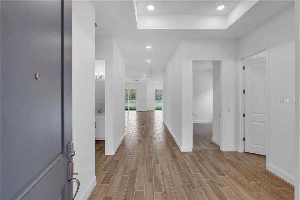 A bright entryway features wood-look tile flooring, white walls, and a view toward the back — 2302 LONE TREE BEND, ZEPHYRHILLS, FL