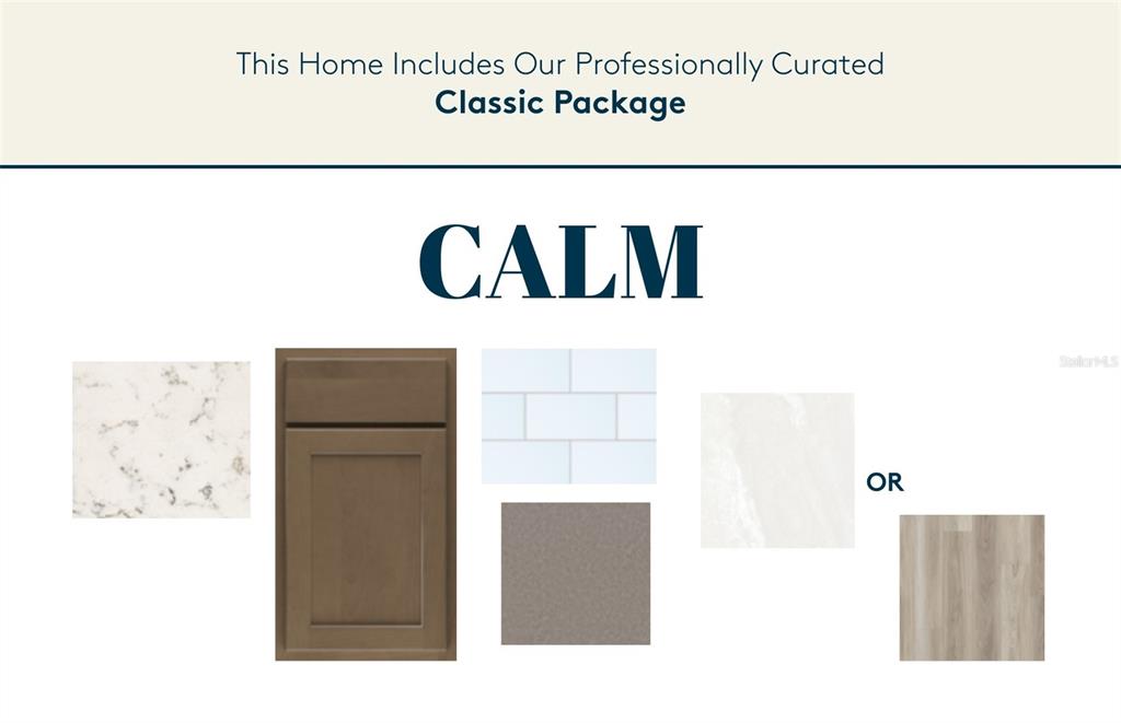 This graphic displays a design board for a home interior package featuring neutral finishes — 36774 KISTNA DRIVE, ZEPHYRHILLS, FL