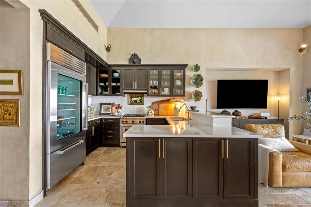 A kitchen features dark wood cabinetry, a large stainless steel refrigerator, and a central island — 2 OCEAN GOLF VILLA ROYAL ISABELA, ISABELA, PR