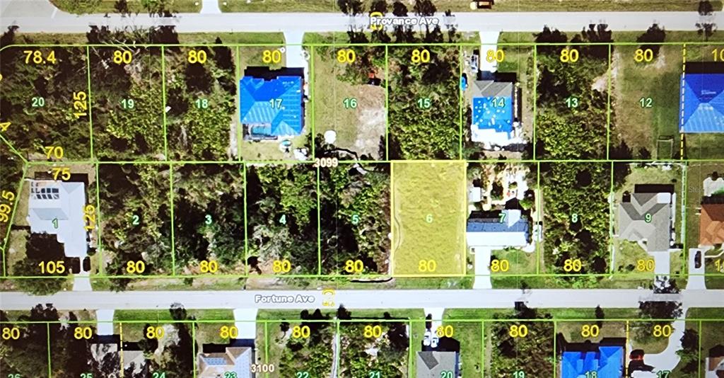 This is a satellite map showing a residential neighborhood with numbered lots and street names — 22498 FORTUNE AVENUE, PORT CHARLOTTE, FL