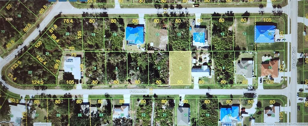 This is a satellite map showing residential property lots and street layouts — 22498 FORTUNE AVENUE, PORT CHARLOTTE, FL