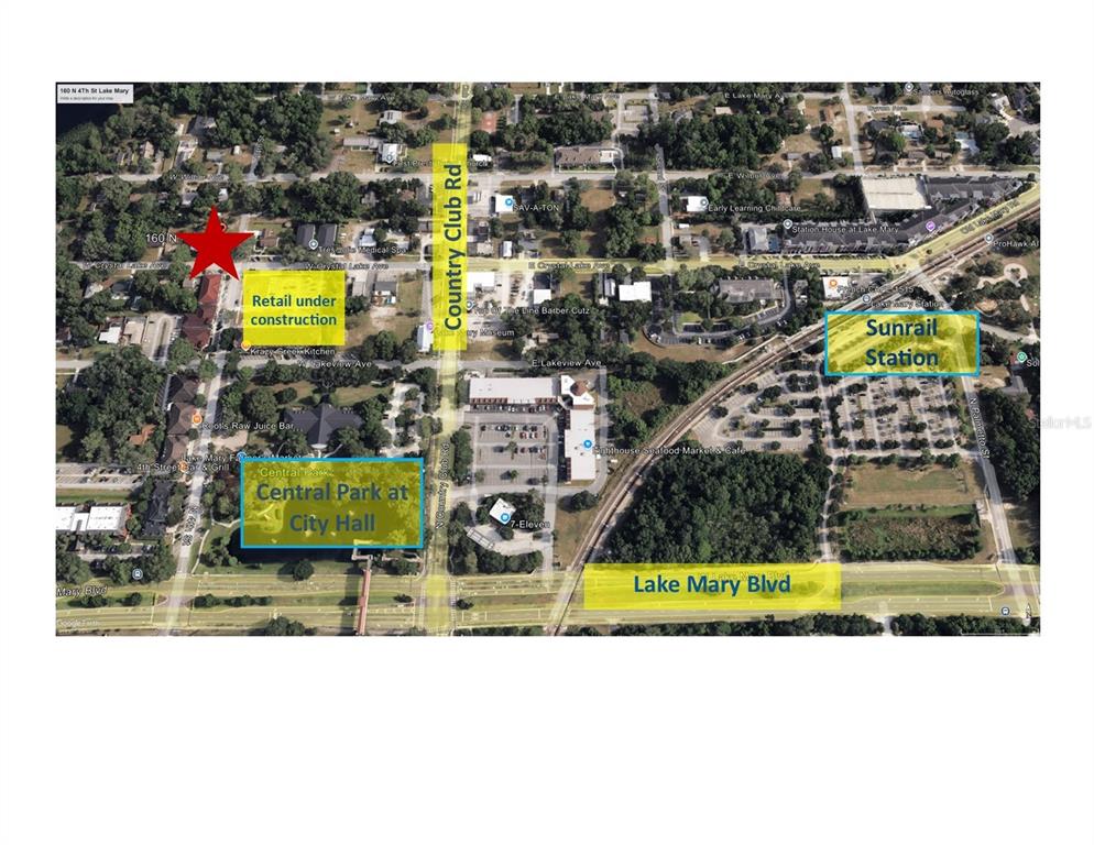 This aerial map shows the location of a property relative to local landmarks and roads — 160 N 4TH STREET, LAKE MARY, FL