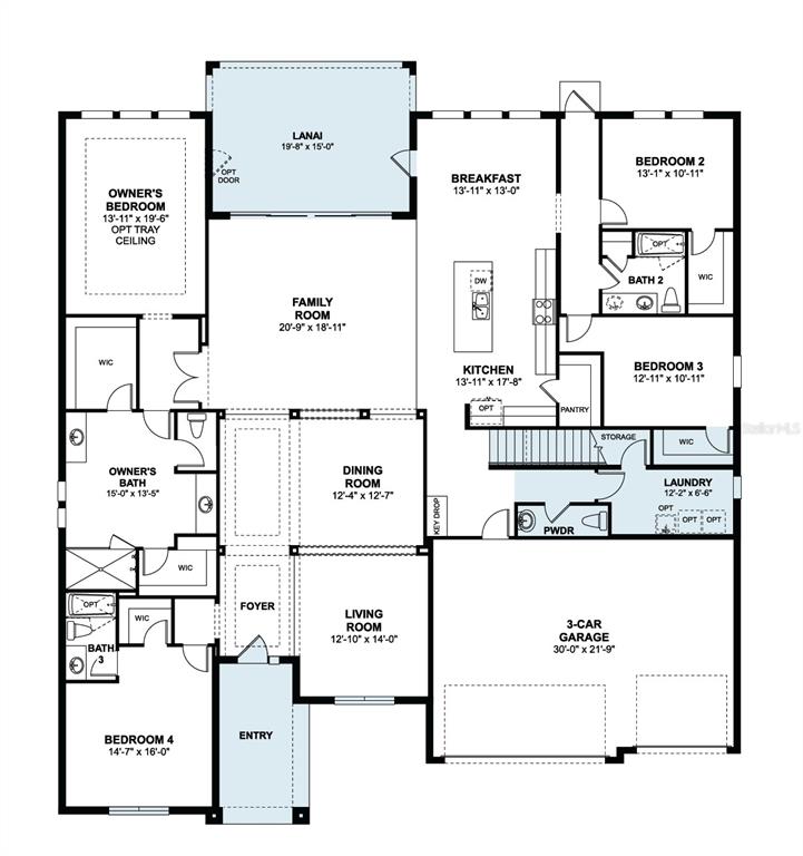 This is a floor plan for a single-story house featuring four bedrooms and a garage — 3072 SOLACE WAY, ORLANDO, FL