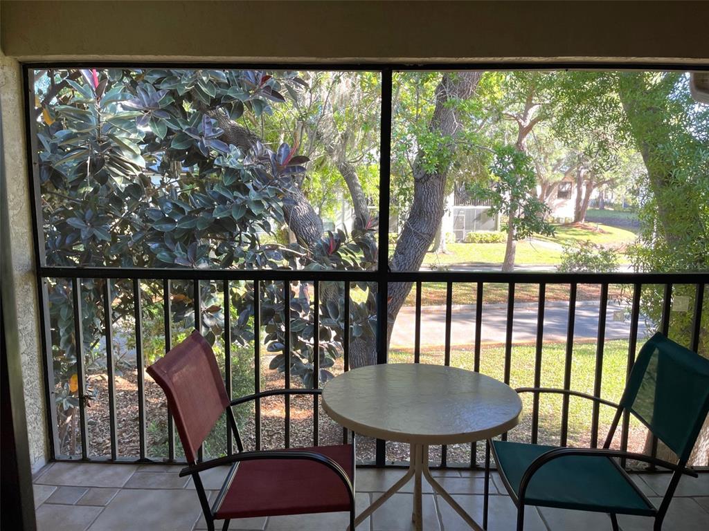 A screened-in balcony features a small round table and two chairs overlooking a wooded area — 4601 46TH STREET COURT W UNIT 202B, BRADENTON, FL
