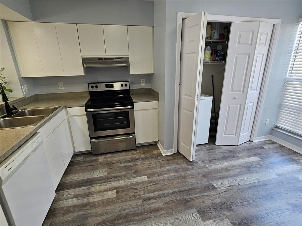 A kitchen features white cabinets, stainless steel appliances, and wood-look flooring with an adjacent laundry closet — 13817 STONE MILL WAY, TAMPA, FL