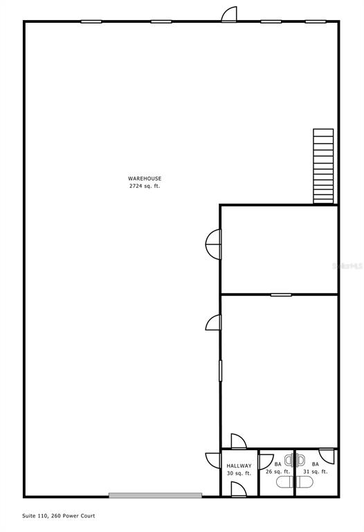 This floor plan shows a warehouse space with two bathrooms, a hallway, and a staircase — 260 POWER COURT UNIT 150, SANFORD, FL