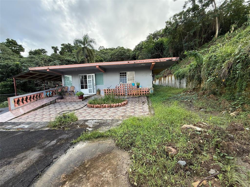A single-story house with a tiled patio and carport sits against a wooded hillside — Carr 925 KM 4.9 BO. JUNQUITO, HUMACAO, PR