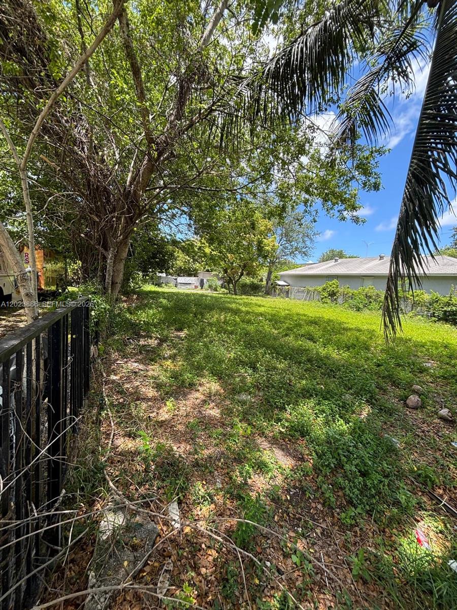 A grassy, overgrown vacant lot bordered by trees and a neighboring residential house — 665 NW 43rd St, Miami FL 33127, MIAMI, FL