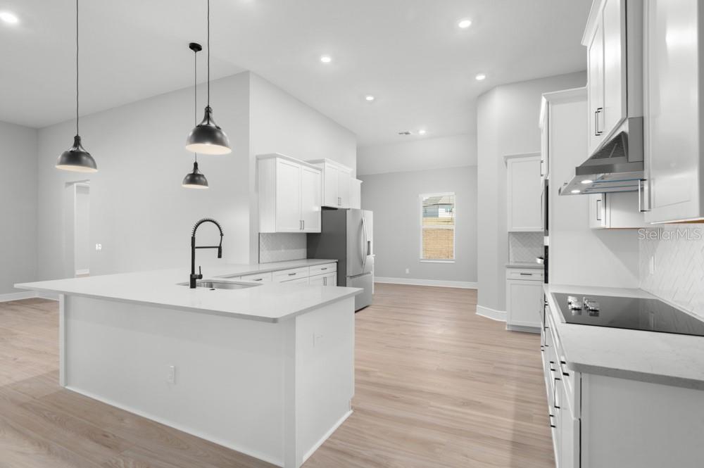 A modern kitchen features white cabinetry, a large island with a sink, and pendant lighting — 3845 SADDLE HILL TRAIL, FRUITLAND PARK, FL