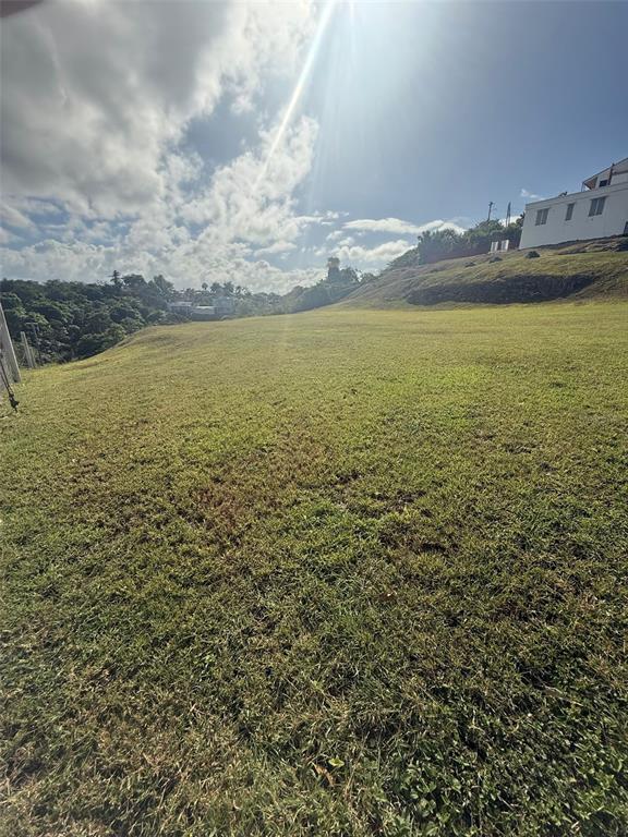 A grassy, sloped lot sits under a bright sky with a house in the background — COLINAS DE PALMARITO, ARECIBO, PR